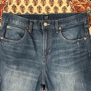 GAP Denim Ankle Flare Jeans Distressed Frayed Hem 10 30R EUC Medium Indigo